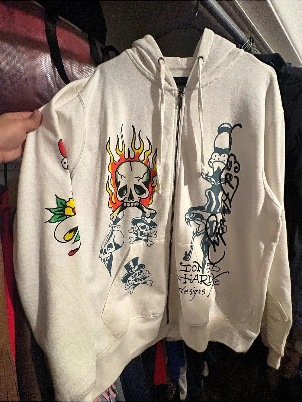 Ed Hardy Flame Skull Full-Zip Fleece Hoodie Cream & Black Large